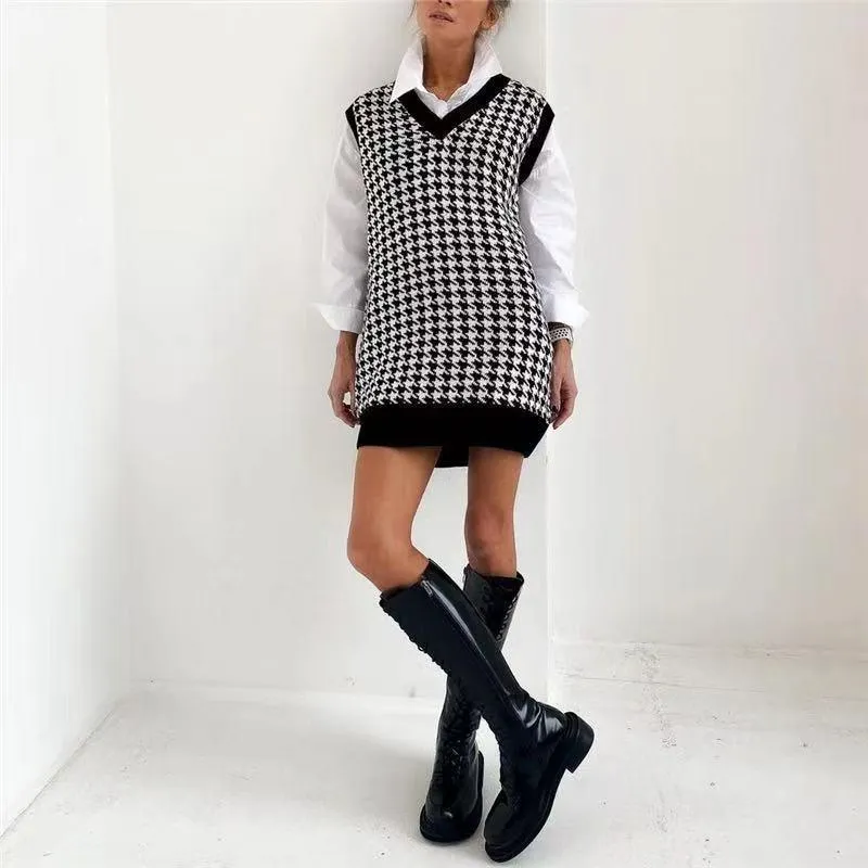 Women's Mid-length Sweater Loose Houndstooth V-neck Knit Sweater Vest Women