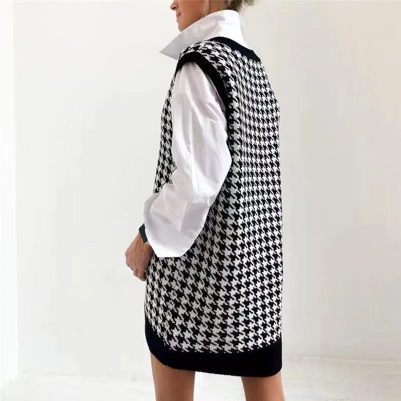 Women's Mid-length Sweater Loose Houndstooth V-neck Knit Sweater Vest Women