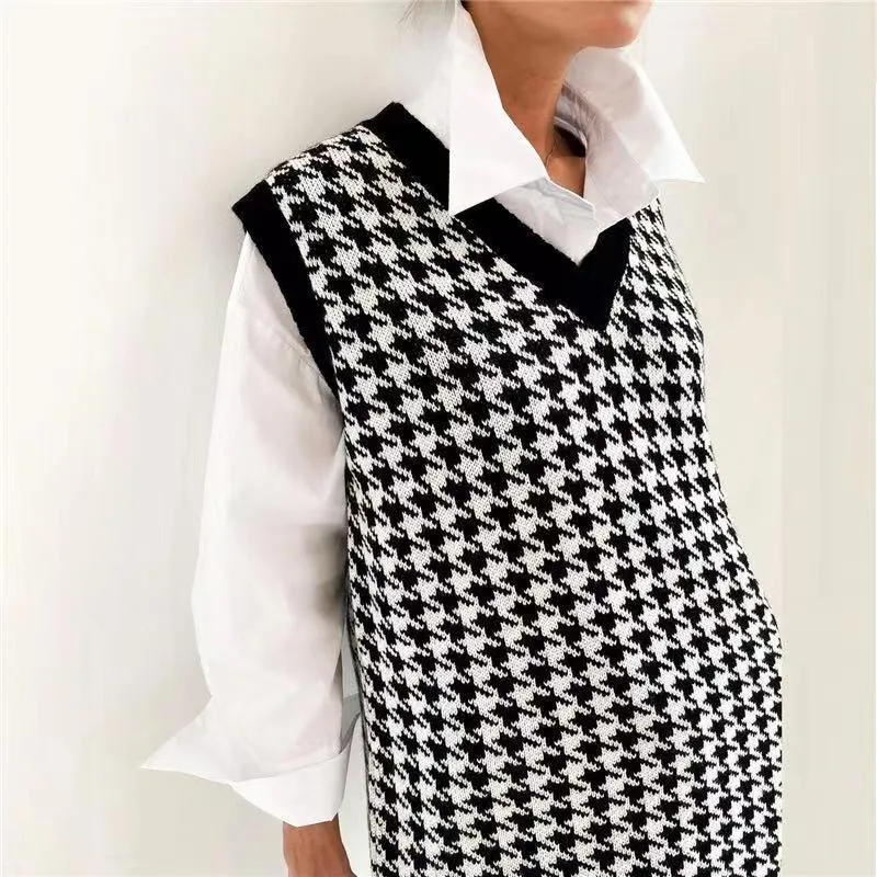 Women's Mid-length Sweater Loose Houndstooth V-neck Knit Sweater Vest Women