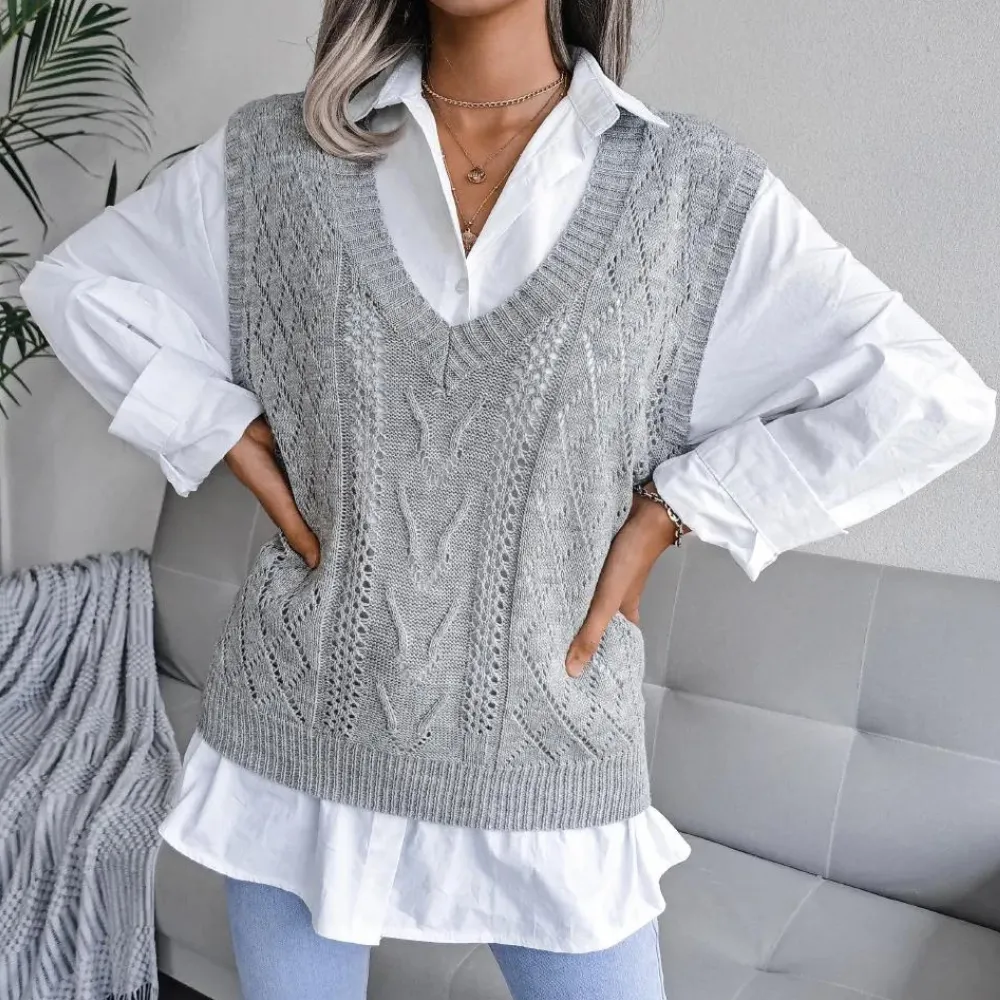 Womens Sweater Vest  Cable Knit  V-Neck  Soft Knit  Relaxed Fit  Layering Essential