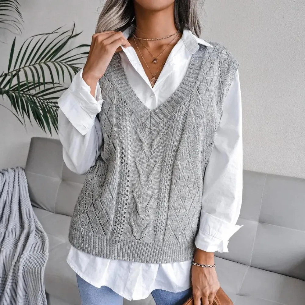 Womens Sweater Vest  Cable Knit  V-Neck  Soft Knit  Relaxed Fit  Layering Essential