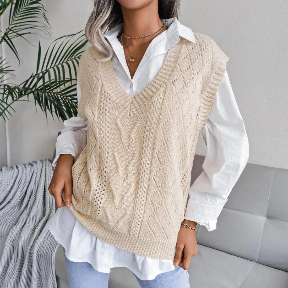 Womens Sweater Vest  Cable Knit  V-Neck  Soft Knit  Relaxed Fit  Layering Essential