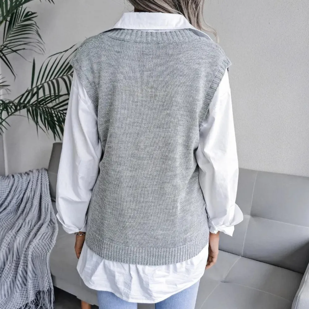 Womens Sweater Vest  Cable Knit  V-Neck  Soft Knit  Relaxed Fit  Layering Essential