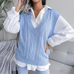 Womens Sweater Vest  Cable Knit  V-Neck  Soft Knit  Relaxed Fit  Layering Essential