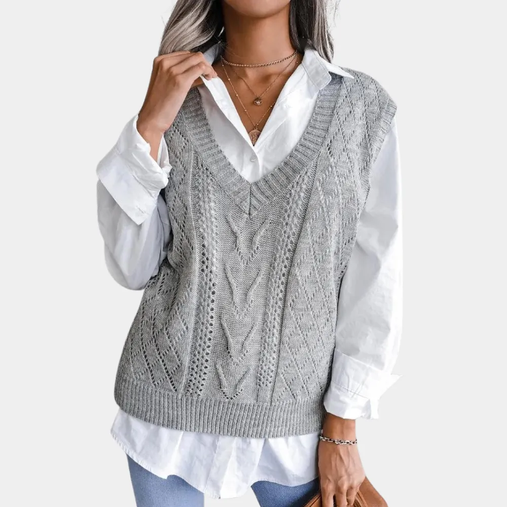 Womens Sweater Vest  Cable Knit  V-Neck  Soft Knit  Relaxed Fit  Layering Essential