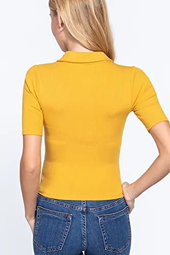 Womens-V Neck Notched Collar Ribbed Knit Top