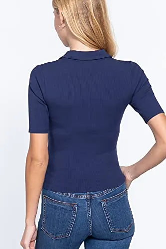 Womens-V Neck Notched Collar Ribbed Knit Top