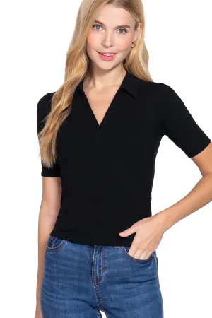 Womens-V Neck Notched Collar Ribbed Knit Top