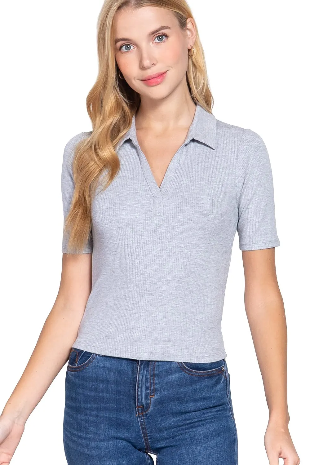 Womens-V Neck Notched Collar Ribbed Knit Top