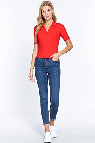 Womens-V Neck Notched Collar Ribbed Knit Top