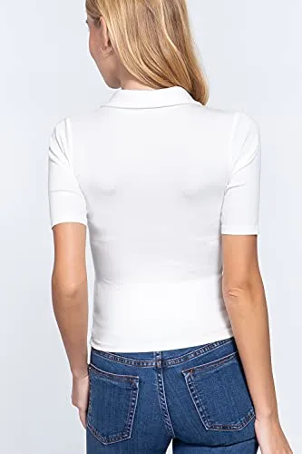 Womens-V Neck Notched Collar Ribbed Knit Top