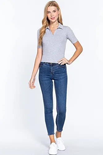 Womens-V Neck Notched Collar Ribbed Knit Top