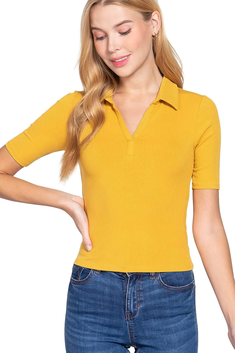 Womens-V Neck Notched Collar Ribbed Knit Top