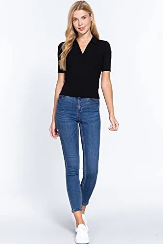 Womens-V Neck Notched Collar Ribbed Knit Top