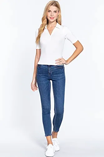 Womens-V Neck Notched Collar Ribbed Knit Top
