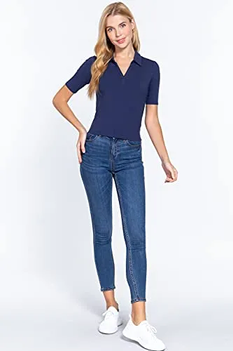 Womens-V Neck Notched Collar Ribbed Knit Top
