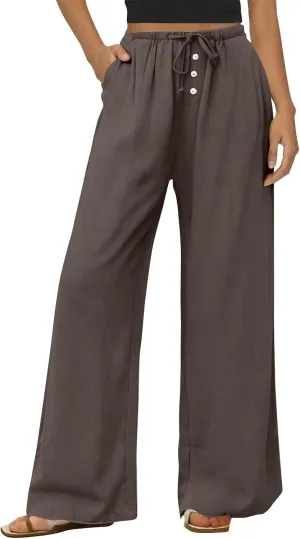 Womens Wide Leg Linen Pants Casual High Waisted Loose Palazzo Pants Summer Flowy Beach Lounge Trousers with Pockets