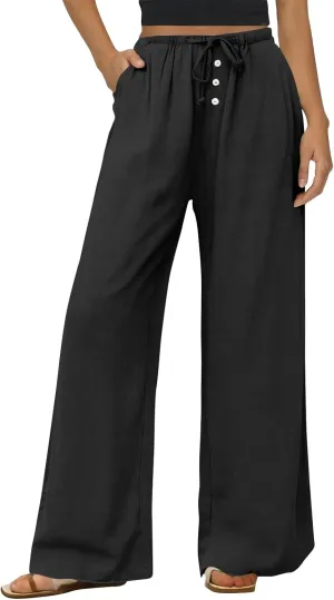 Womens Wide Leg Linen Pants Casual High Waisted Loose Palazzo Pants Summer Flowy Beach Lounge Trousers with Pockets