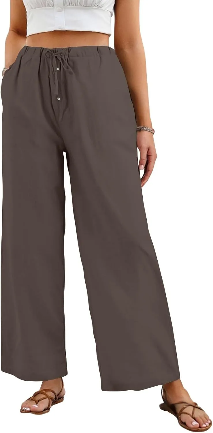 Womens Wide Leg Linen Pants Casual High Waisted Loose Palazzo Pants Summer Flowy Beach Lounge Trousers with Pockets
