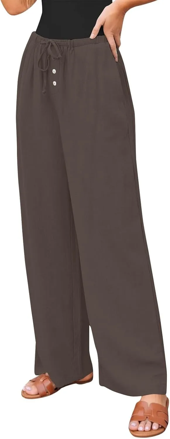 Womens Wide Leg Linen Pants Casual High Waisted Loose Palazzo Pants Summer Flowy Beach Lounge Trousers with Pockets