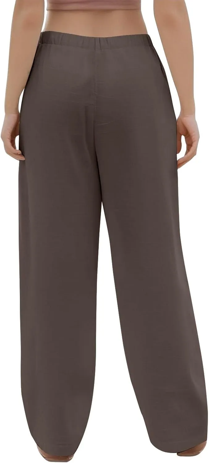 Womens Wide Leg Linen Pants Casual High Waisted Loose Palazzo Pants Summer Flowy Beach Lounge Trousers with Pockets
