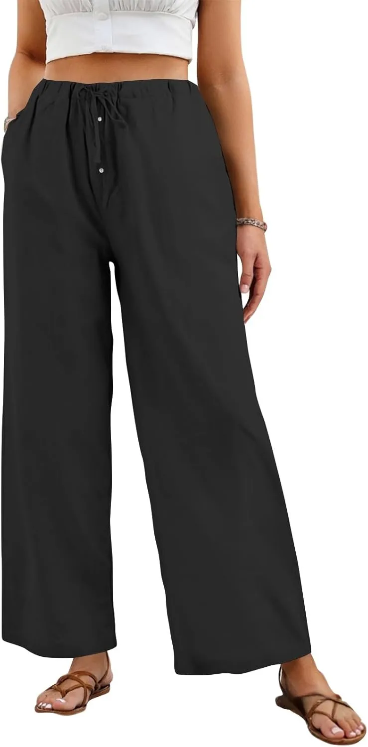 Womens Wide Leg Linen Pants Casual High Waisted Loose Palazzo Pants Summer Flowy Beach Lounge Trousers with Pockets