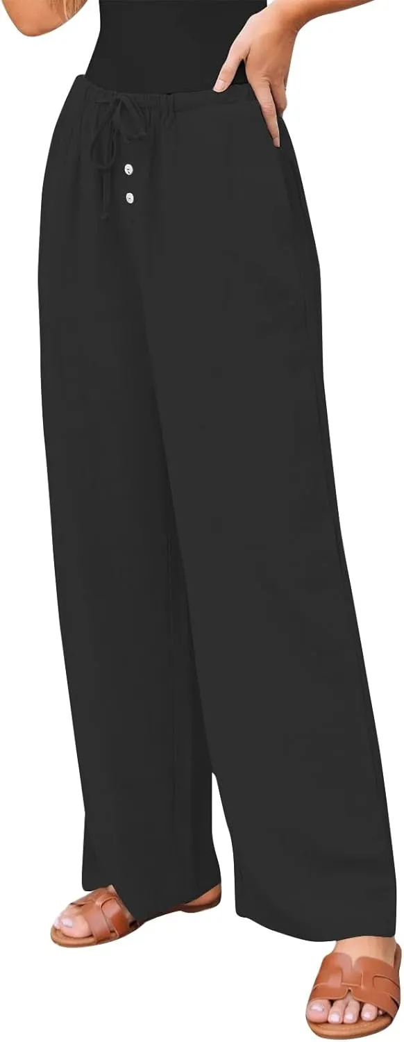 Womens Wide Leg Linen Pants Casual High Waisted Loose Palazzo Pants Summer Flowy Beach Lounge Trousers with Pockets