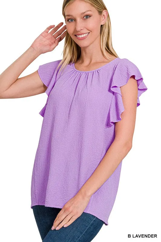 Woven Bubble Airflow Flutter Sleeve Top - Zenana