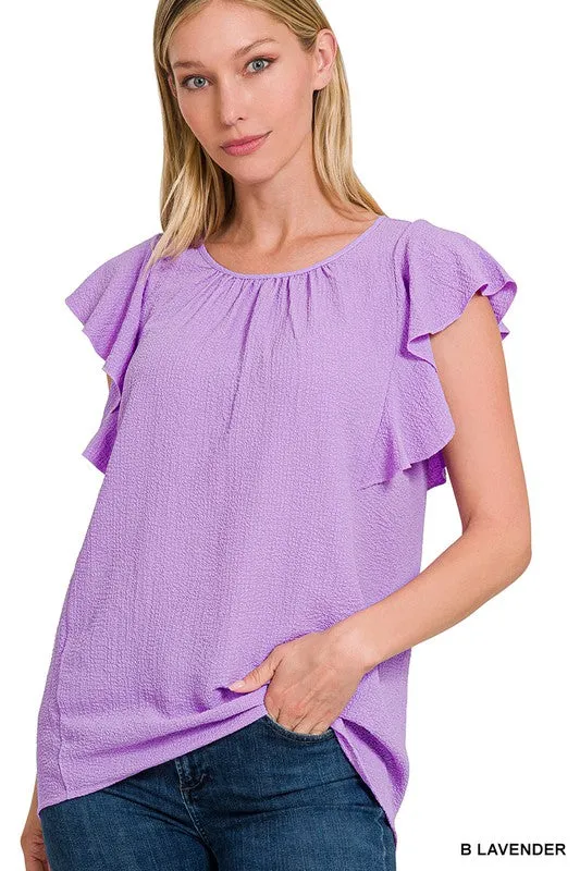 Woven Bubble Airflow Flutter Sleeve Top - Zenana