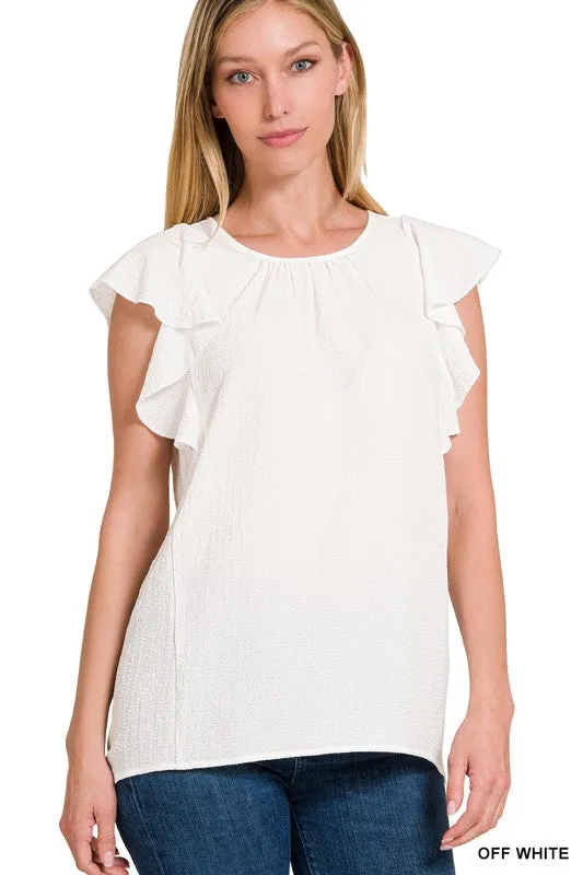 Woven Bubble Airflow Flutter Sleeve Top - Zenana
