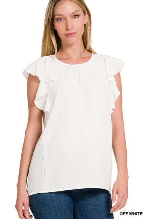 Woven Bubble Airflow Flutter Sleeve Top - Zenana
