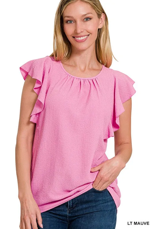 Woven Bubble Airflow Flutter Sleeve Top - Zenana