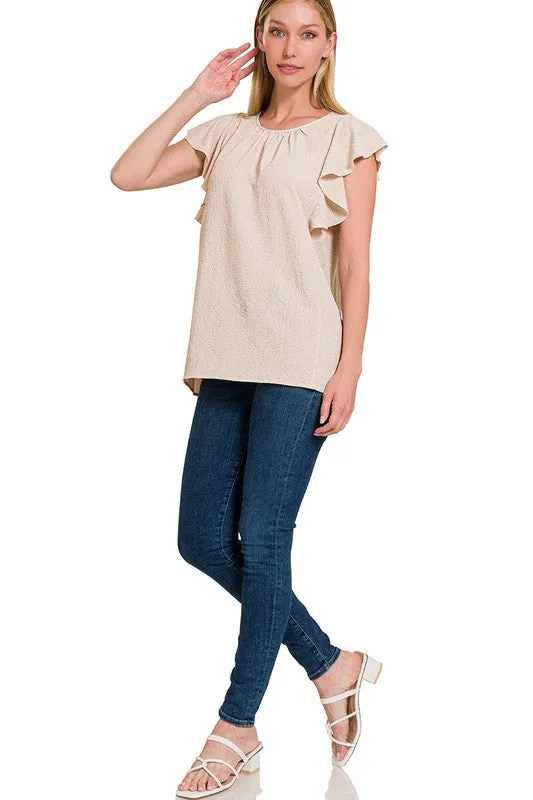 Woven Bubble Airflow Flutter Sleeve Top - Zenana