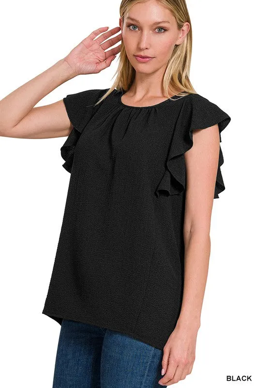 Woven Bubble Airflow Flutter Sleeve Top - Zenana