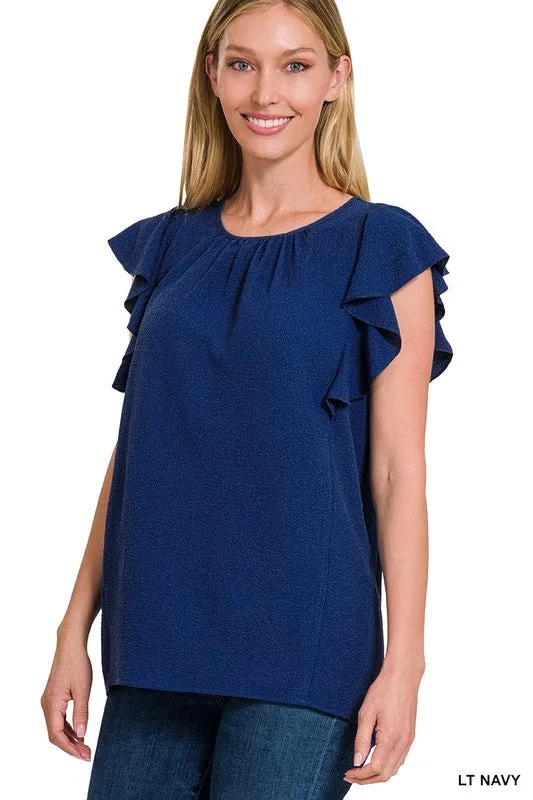 Woven Bubble Airflow Flutter Sleeve Top - Zenana