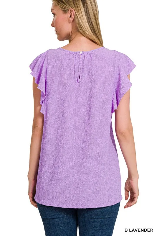Woven Bubble Airflow Flutter Sleeve Top - Zenana