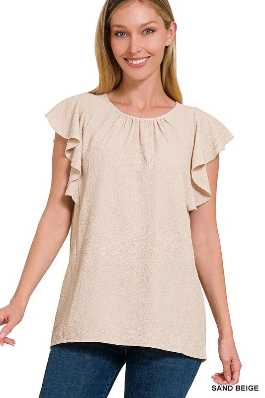 Woven Bubble Airflow Flutter Sleeve Top - Zenana